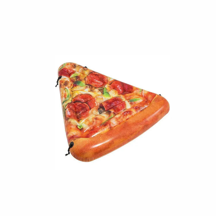 Inflatable pizza float surfboard recliner measuring 175cm by 145cm with colourful slice design