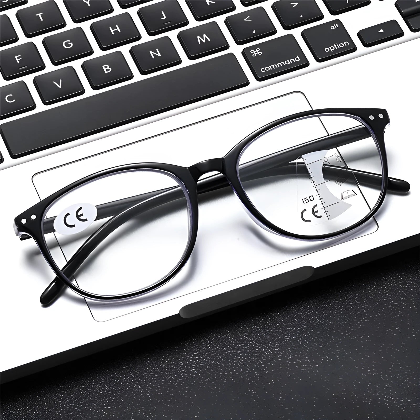 A pair of women's ultra-light multi-focus presbyopic glasses with a choice of frame colours on a plain background.