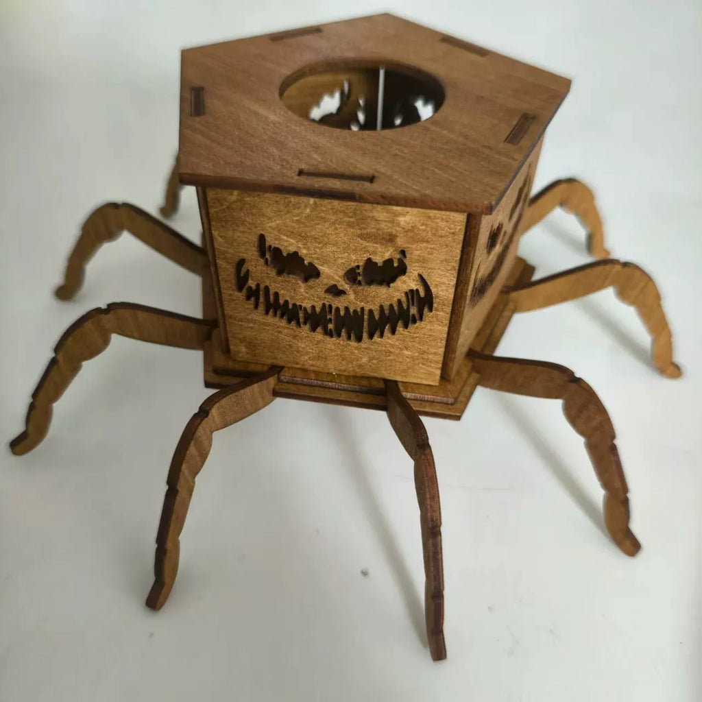 Wooden Halloween spider mini lantern candlestick decoration measuring 21x8.5cm