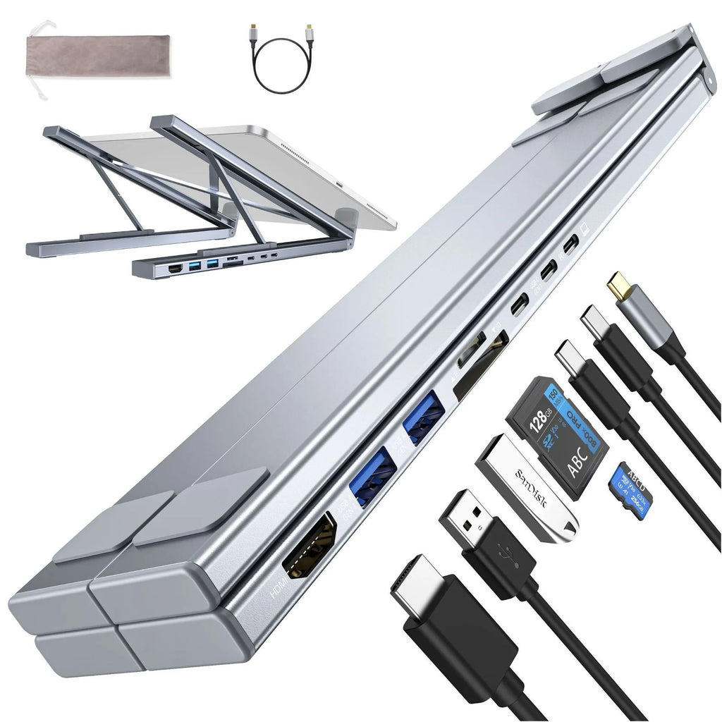 Aluminium alloy folding laptop docking station stand in 8-in-1 and 5-in-1 styles with HDMI port.