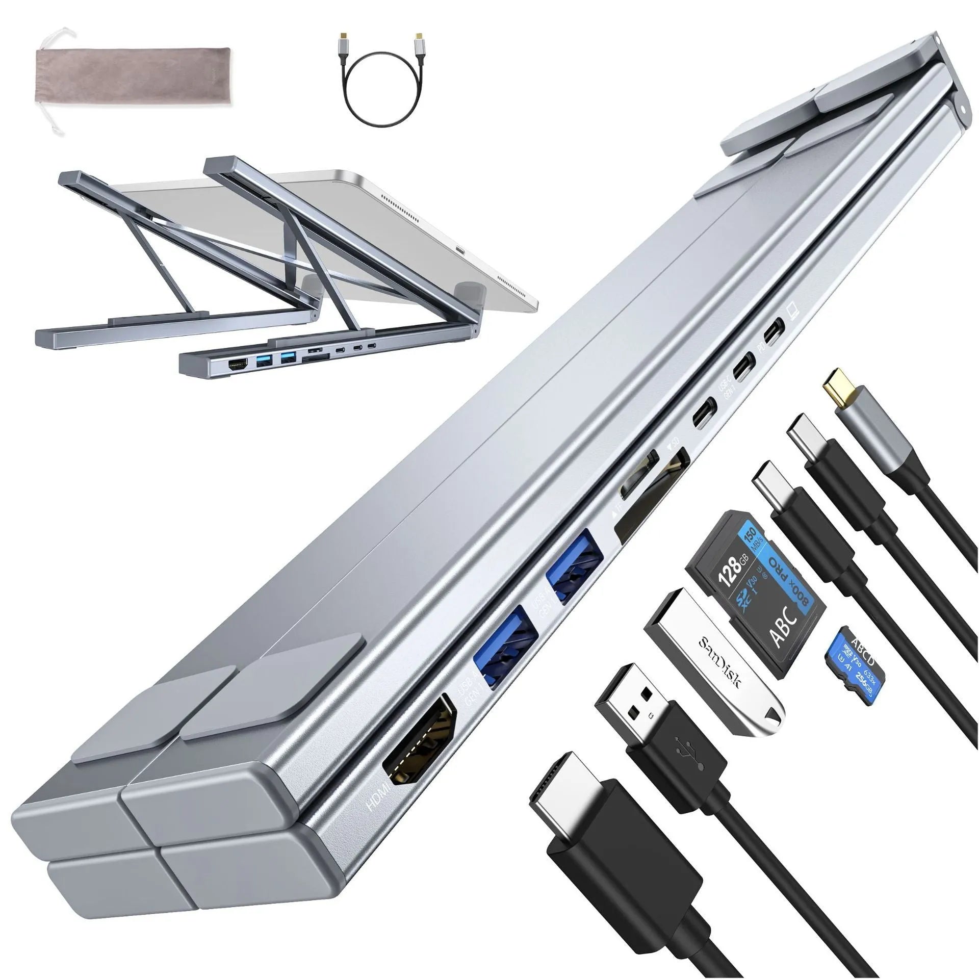 Aluminium alloy folding laptop docking station stand in 8-in-1 and 5-in-1 styles with HDMI port.
