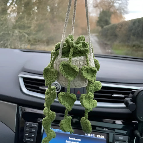 Green and white crochet car plant ornament with 25cm white hanging rope on 8cm basin base