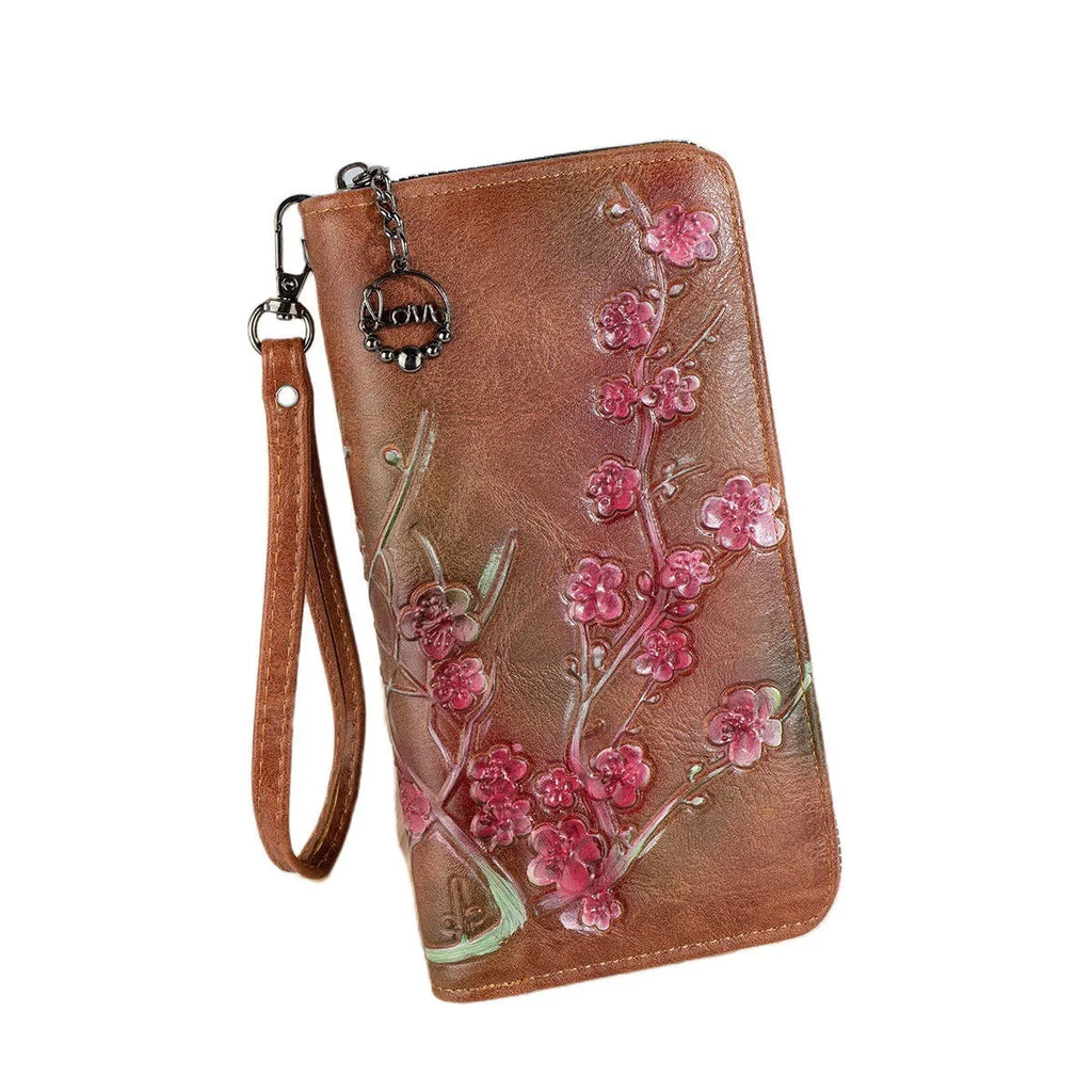 Embossed hand-painted Chinese floral pattern handbag with zipper closure in black colour option