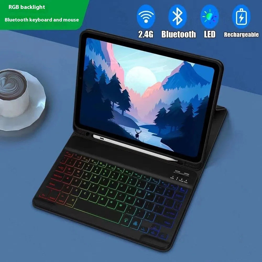 iPad protective case with luminous RGB Bluetooth keyboard and mouse in black leather sheath style