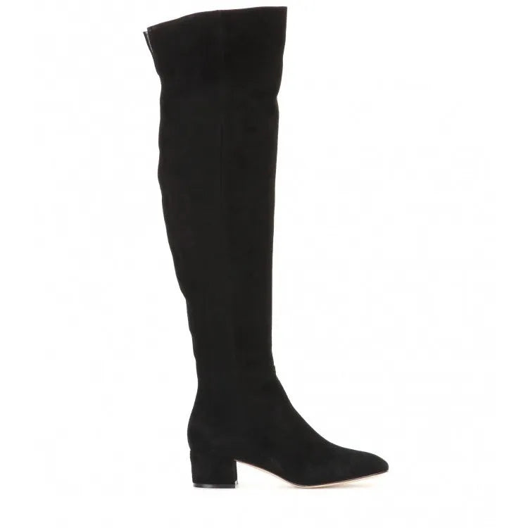 Grey suede women's over-the-knee flat boots with pointed toe and low thick heel