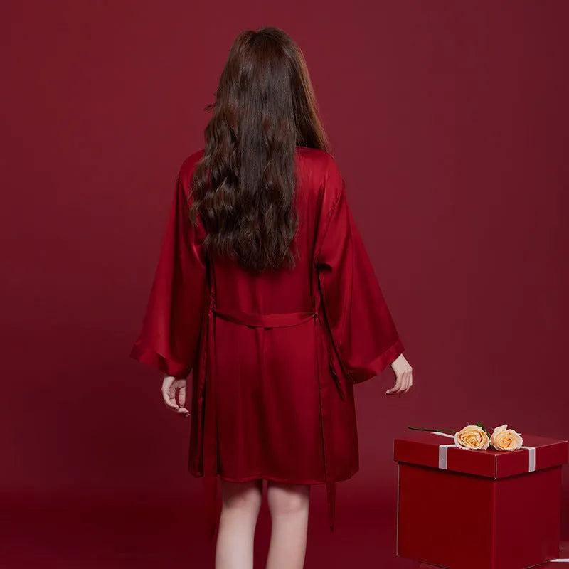 Red ice silk polyester wedding dowry pyjama set for men and women with long sleeves and trousers