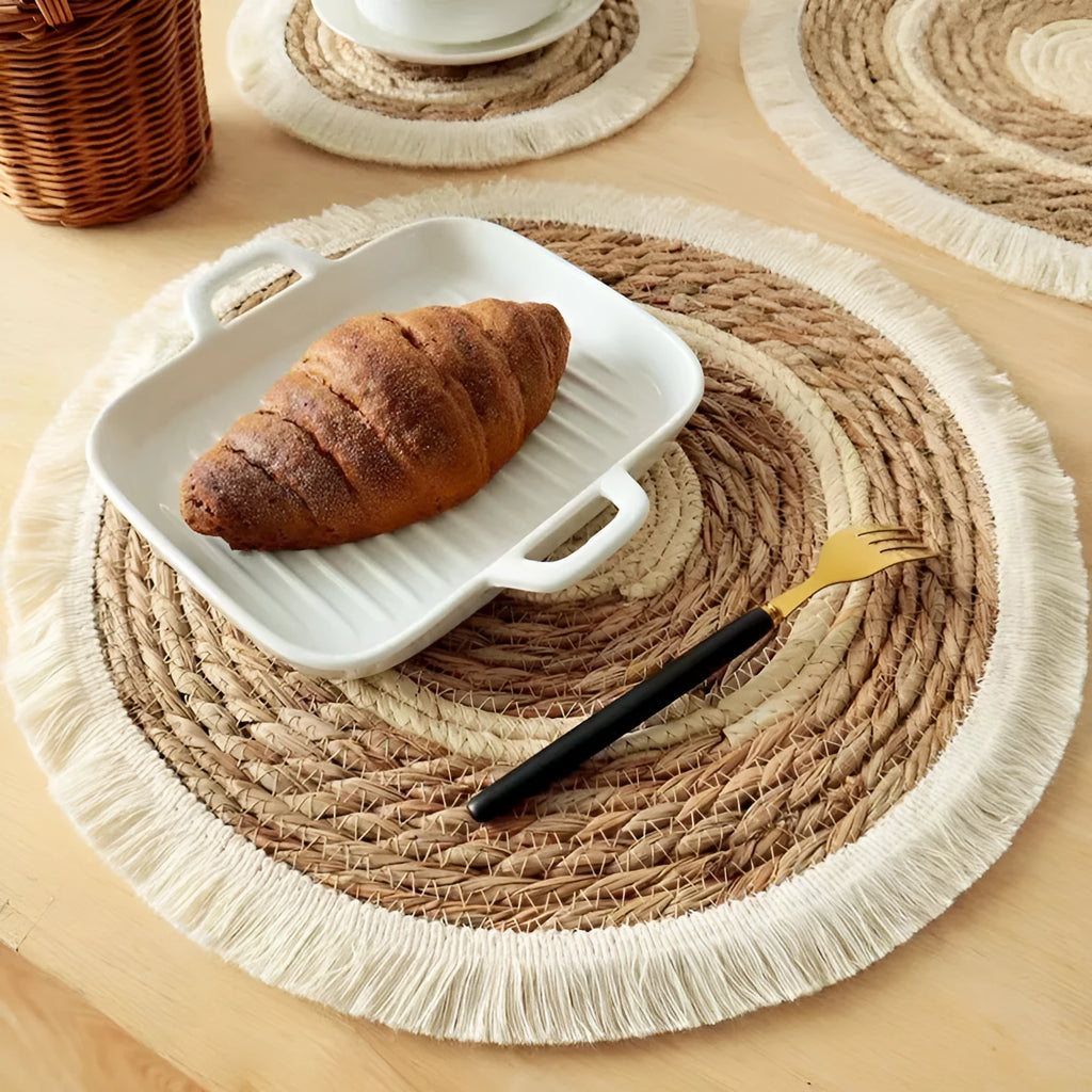 Round natural papyrus placemat with tassels in modern simplicity design