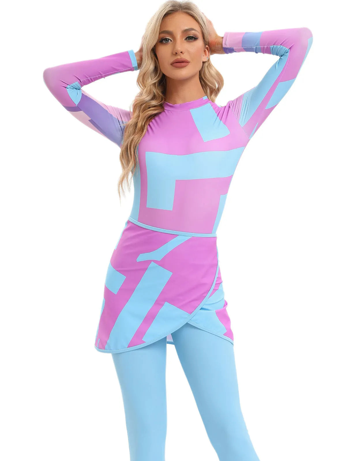 Conservative Muslim swimsuit three-piece set with apron in Sapphire, Letter, or Foam colour.