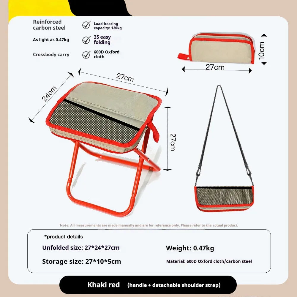 Outdoor foldable pencil box stool with Oxford cloth seat shown in khaki colour, folded and unfolded.
