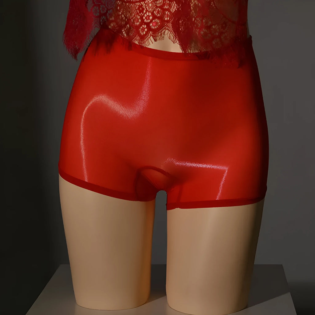 Shiny men's underwear stockings in nylon fabric showing seven colour options including red, black, grey, white and skin tones