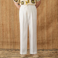 Linen high-waist trousers with elasticated waistband and straight-leg cut in navy blue colour