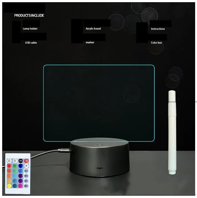 3D acrylic LED message board with stylus pen on illuminated base showing handwritten note