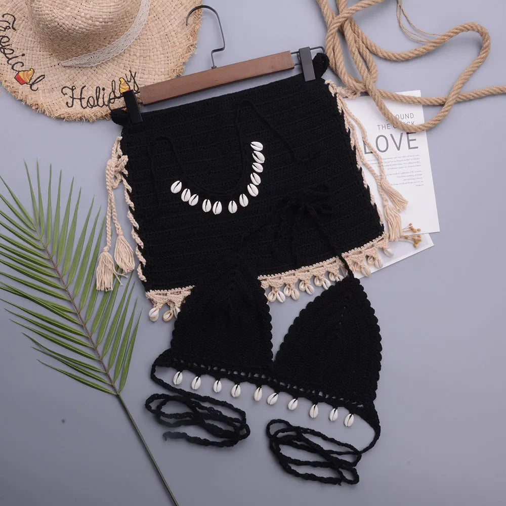 Women's handmade lace-up split swimsuit in cotton blend fabric available in three colour options