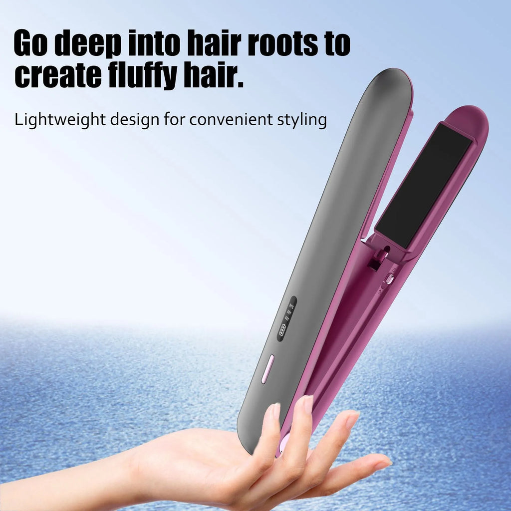 Moon shadow grey wireless hair straightener with plywood shell and LCD temperature display.