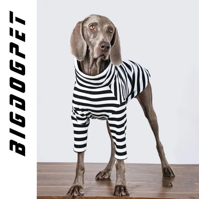 Black and white thin polyester dog clothing for large breeds shown in multiple size options