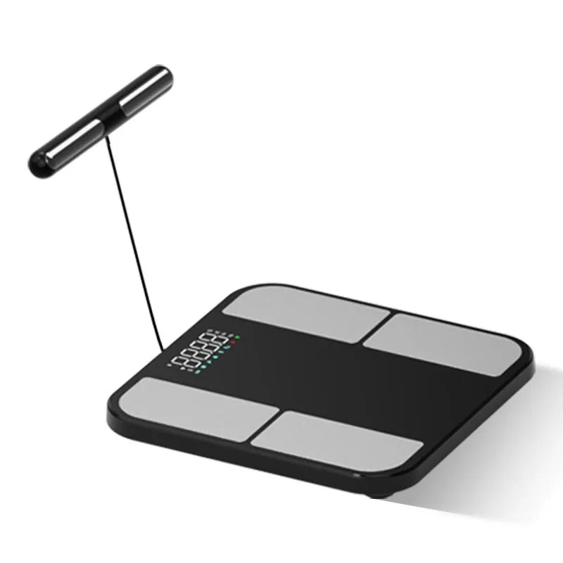 Black electronic weighing scale with 30x30cm tempered glass platform showing body fat percentage on colour screen