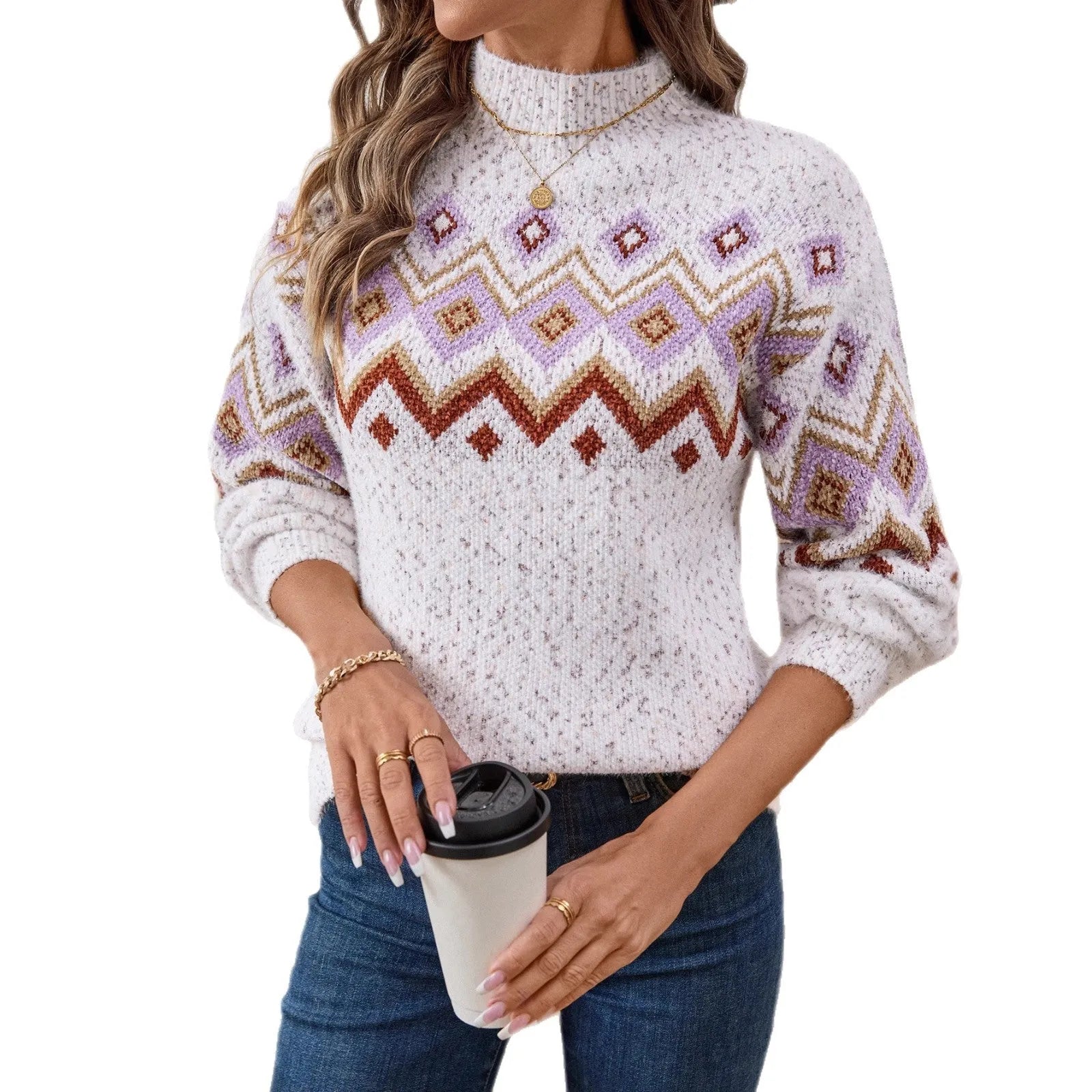 White half turtleneck jacquard sweater with geometric pattern and loose fit design