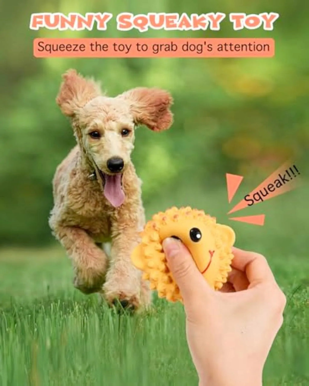 Orange and yellow latex squeaky dog toy with spiky texture for teeth cleaning, shown next to a measuring tape indicating 3-inch diameter.