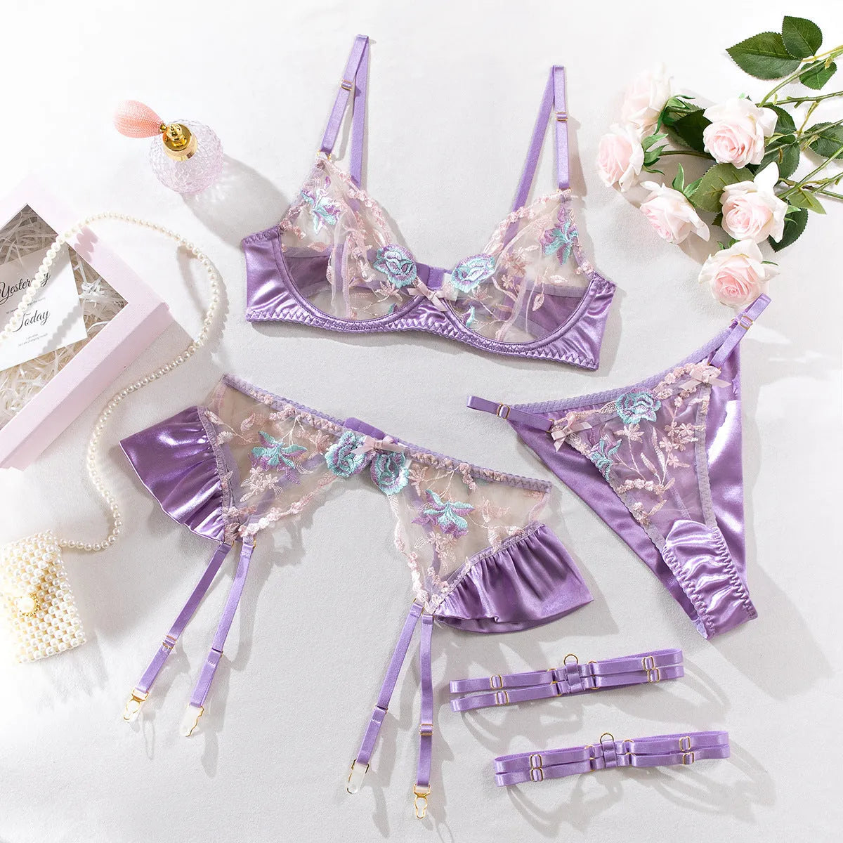 Light purple satin lingerie set with mercersied embroidery, four-piece configuration