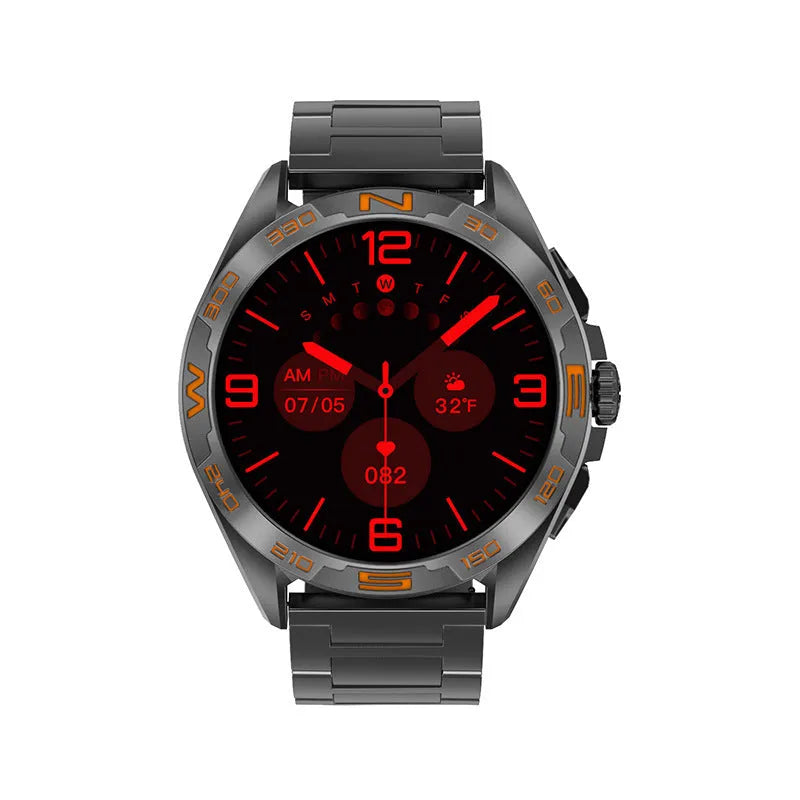Smart watch with black steel case displaying health metrics on its IPS screen.