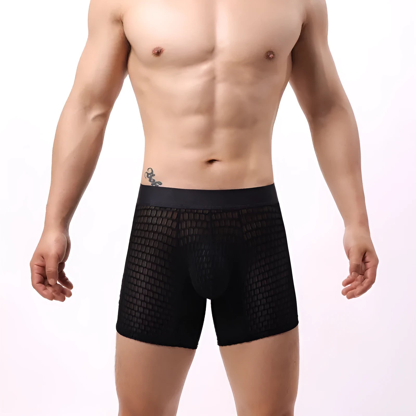 Men's low waist lace mesh boxer shorts in various colours on a white background.