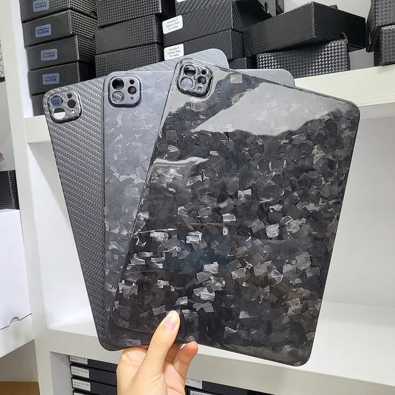 Apple iPad Pro 11 carbon fibre protective cover with 3K weave pattern and embossed plaid design