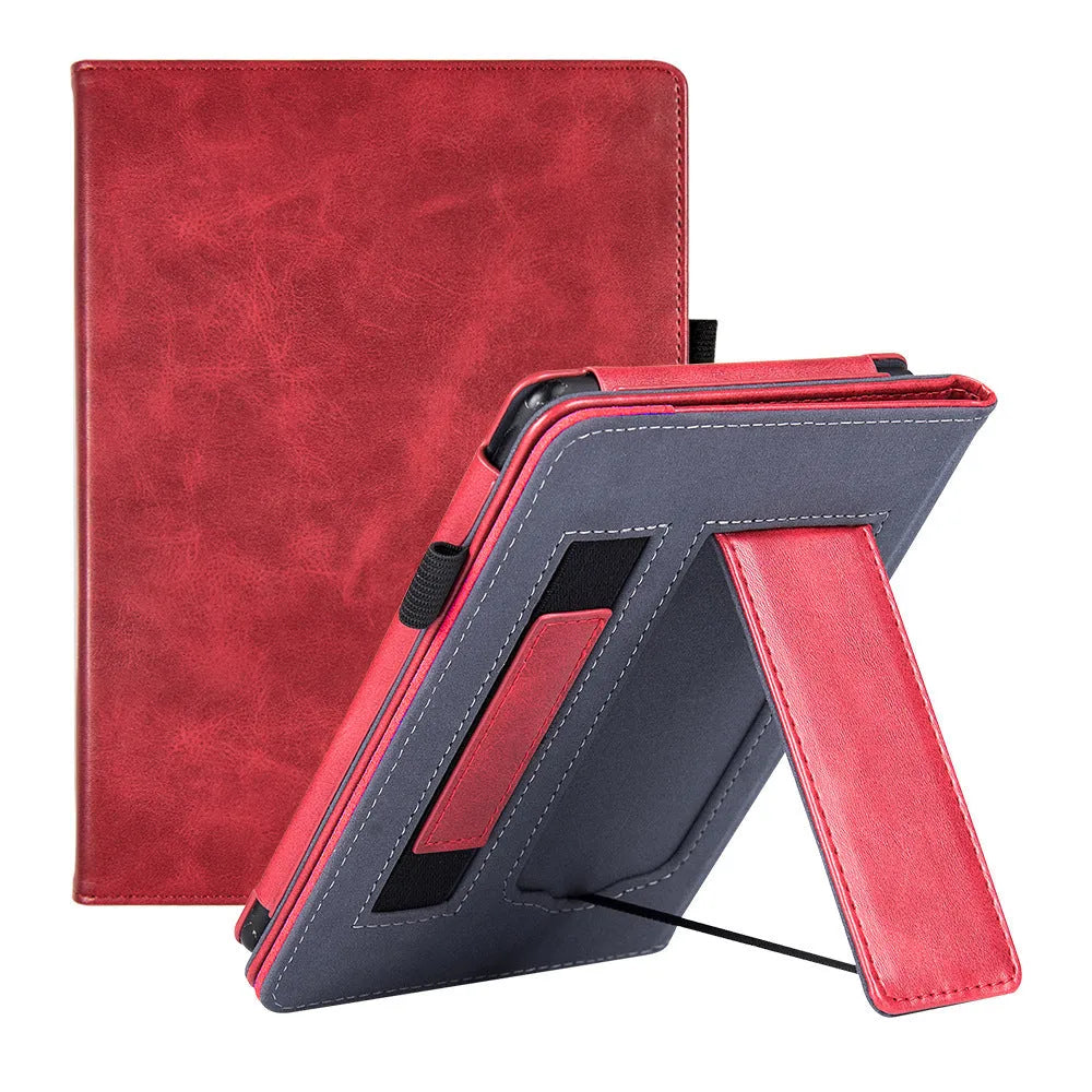 Kindle Paperwhite 5 leather case showing hand strap bracket and magnetic closure in a choice of colours and designs.