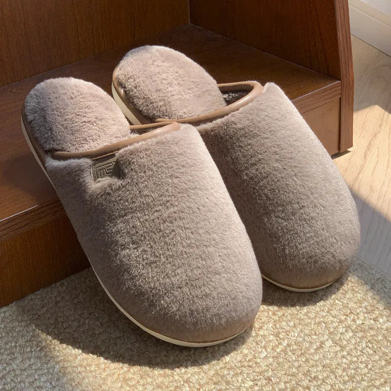 Solid colour winter plush house slippers with non-slip PVC sole in blue, brown, coffee, pink, or white
