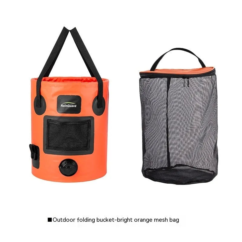Yellow folding plastic fishing bucket shown open and collapsed, 25 litre capacity.