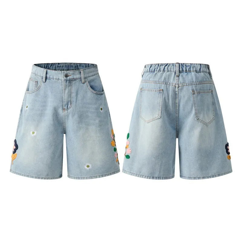 Retro washed cotton workwear shorts with half elastic waistband in loose fit