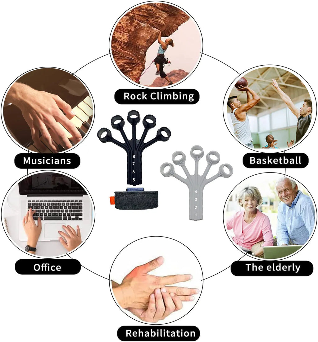 Black or grey silicone finger flexion and extension trainer with adjusting belt for adult hand rehabilitation