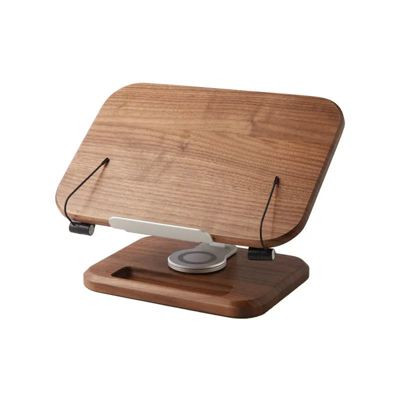 Walnut wood adjustable reading rack holding a book and tablet on rotating mechanism