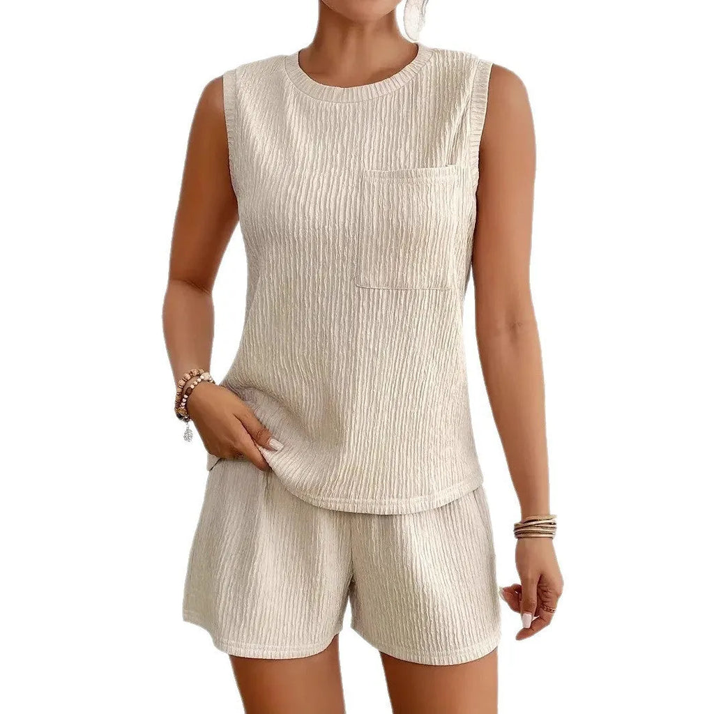 Solid color sleeveless round neck vest and shorts set in apricot or orange polyester fabric