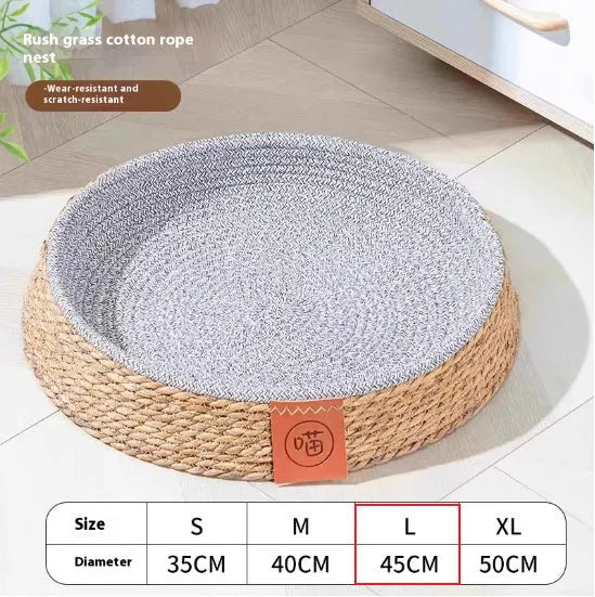 Rattan woven cat bed or nest for pets, shown in available sizes S, M, L, XL