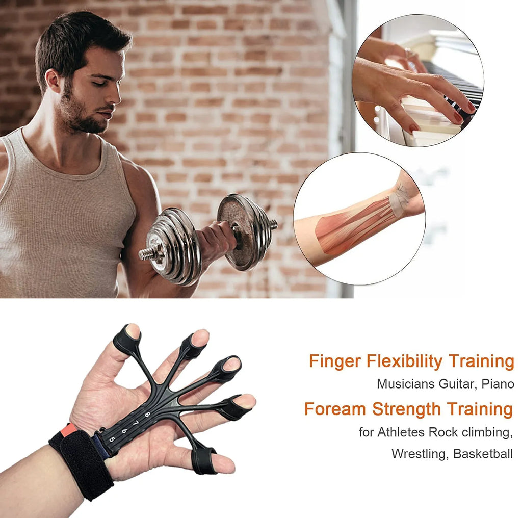 Black or grey silicone finger flexion and extension trainer with adjusting belt for adult hand rehabilitation