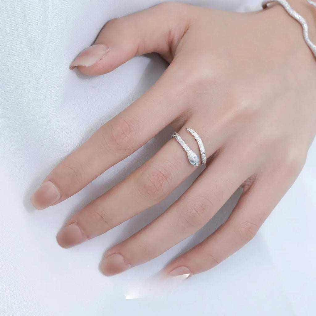 Women's adjustable silver snake ring with electroplated platinum colour finish and original animal zodiac design