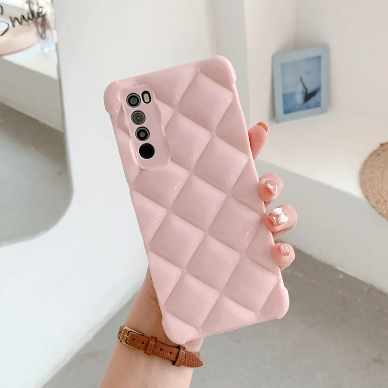 Silicone diamond pattern phone case for Huawei models in black, green, pink or white.