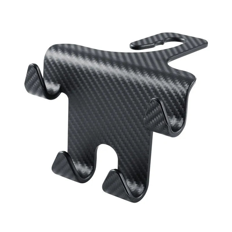 Black ABS plastic car hook and phone holder bracket mounted behind a car seat headrest.