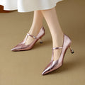 Women's genuine leather Mary Jane high heels with a chunky mid-heel and round toe in gun metal colour.