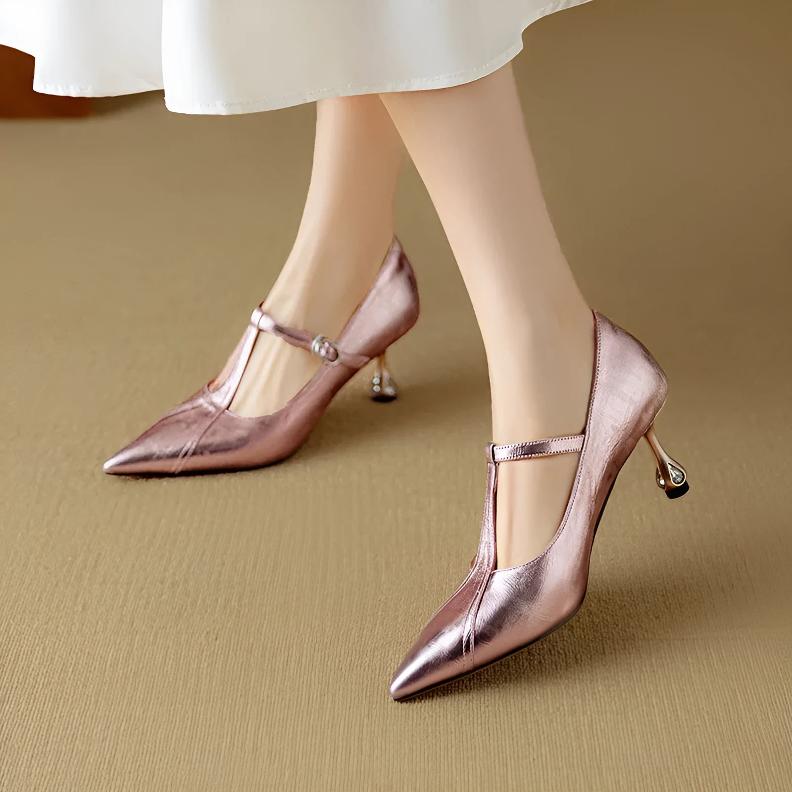 Women's genuine leather Mary Jane high heels with a chunky mid-heel and round toe in gun metal colour.