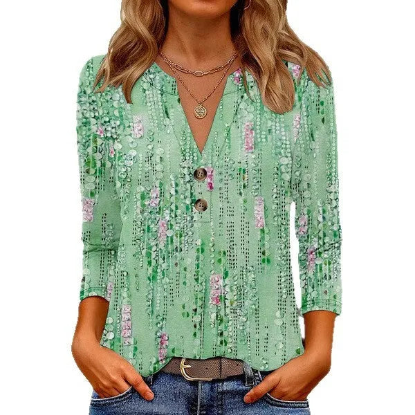 Women's casual V-neck top with 3D pattern in loose fit Japanese style
