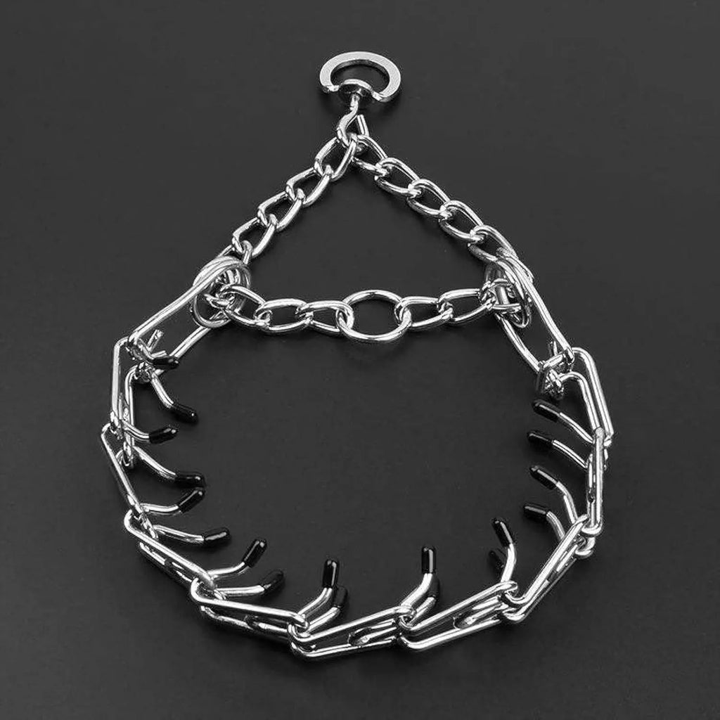 Stainless steel adjustable dog training collar with round head links and rubber tipped prongs