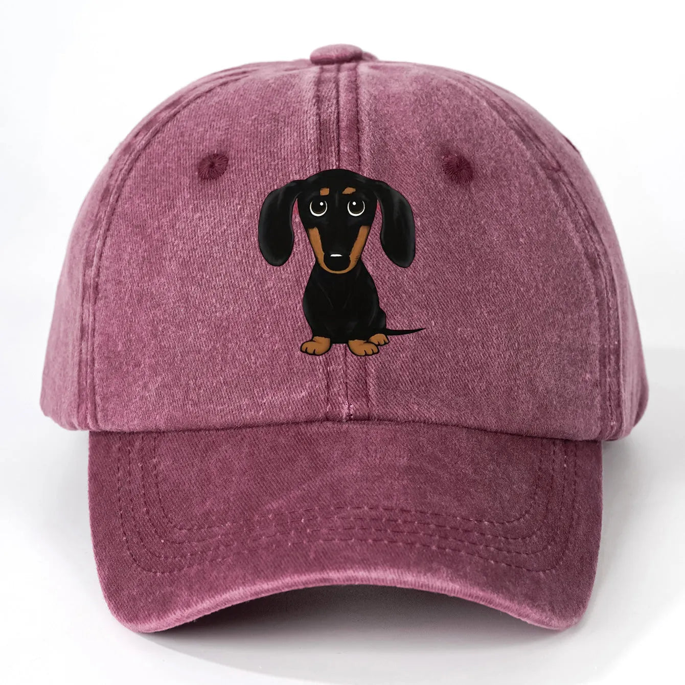 Retro washed cotton baseball cap with embroidered dachshund design on front panel