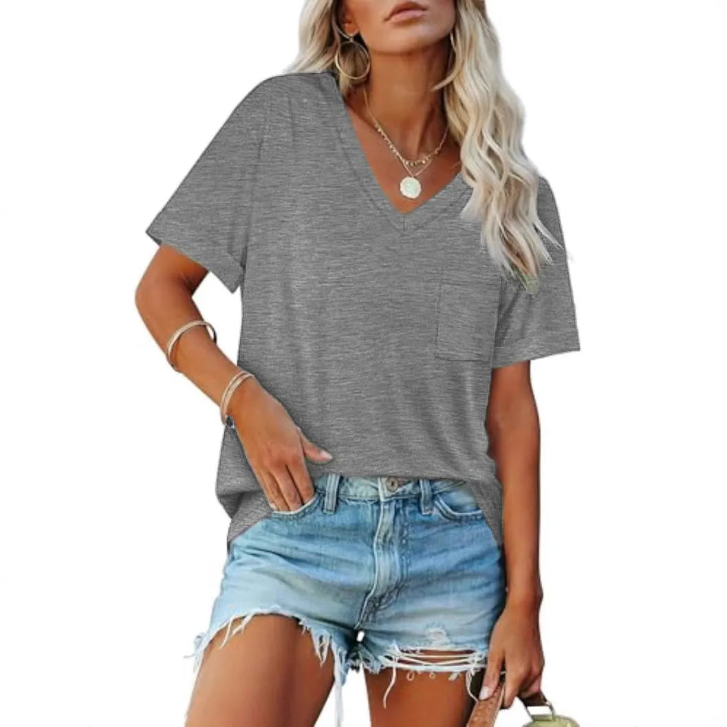 Grey loose fit V-neck T-shirt with chest pocket on mannequin showing front view