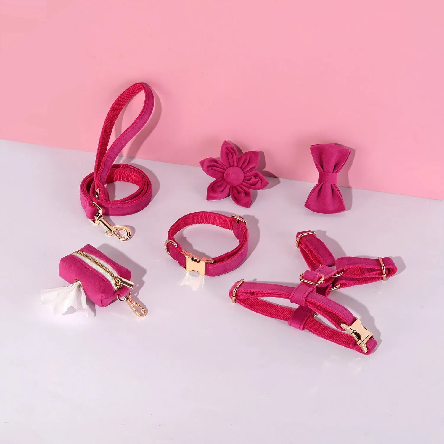 Velvet pet collar and traction rope set with bow tie and flower accessories in multiple colour options