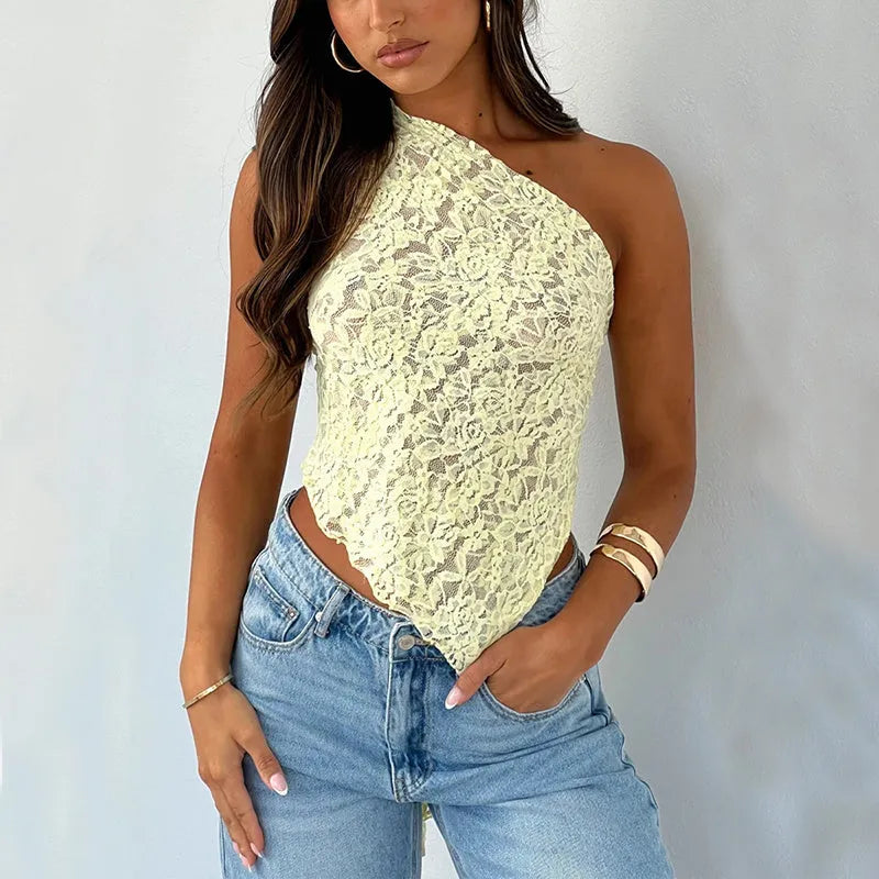 Women's slim-fit lace backless vest with an asymmetrical neckline in solid colour