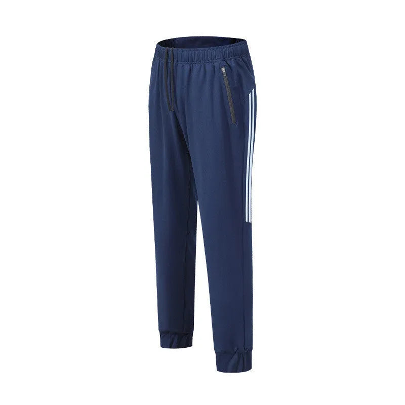 Men's black running trousers with mid-waist design and full-length polyester construction for sports