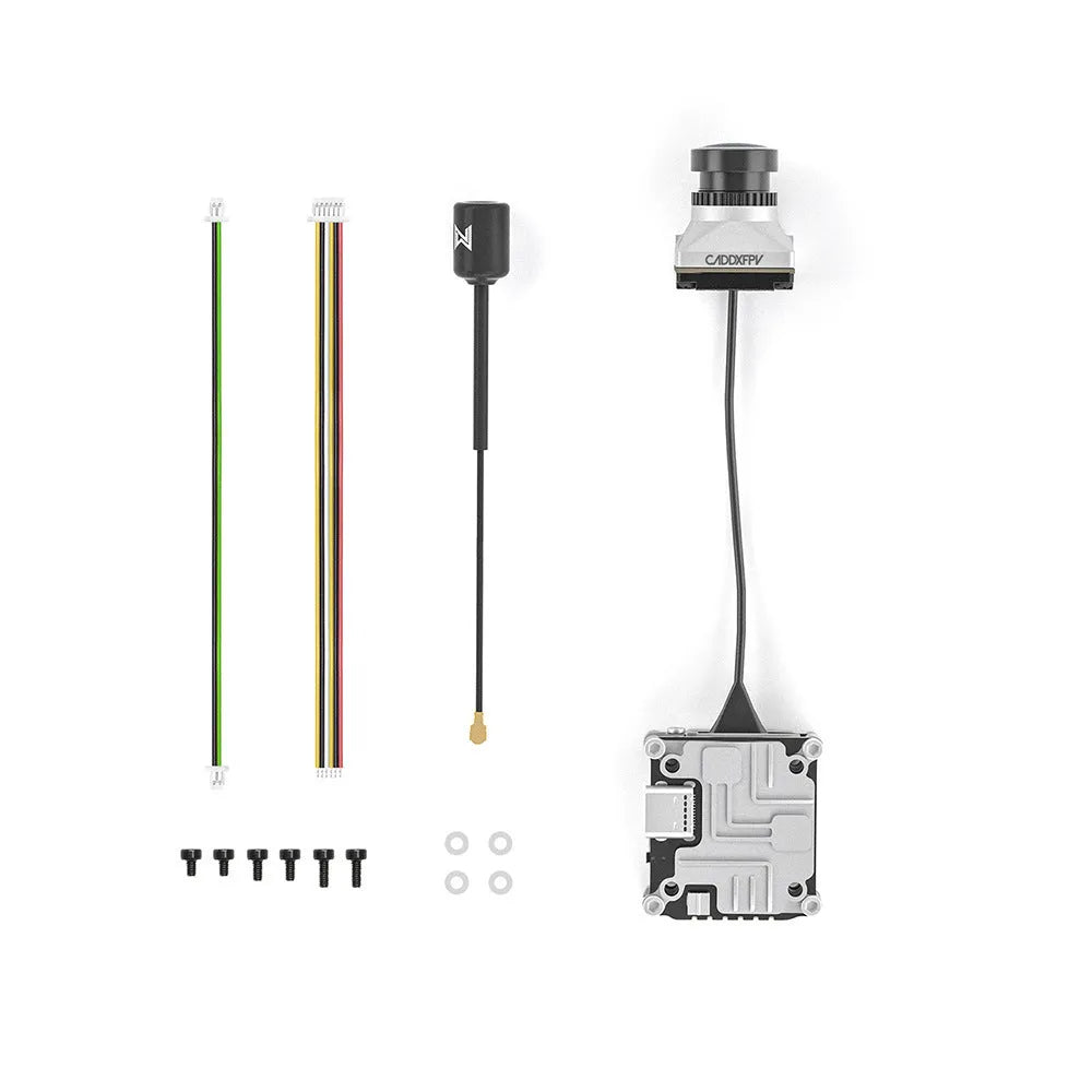 Silver Caddx ADAPTS digital video transmitter kit for DJI FPV drones with screws and cables.