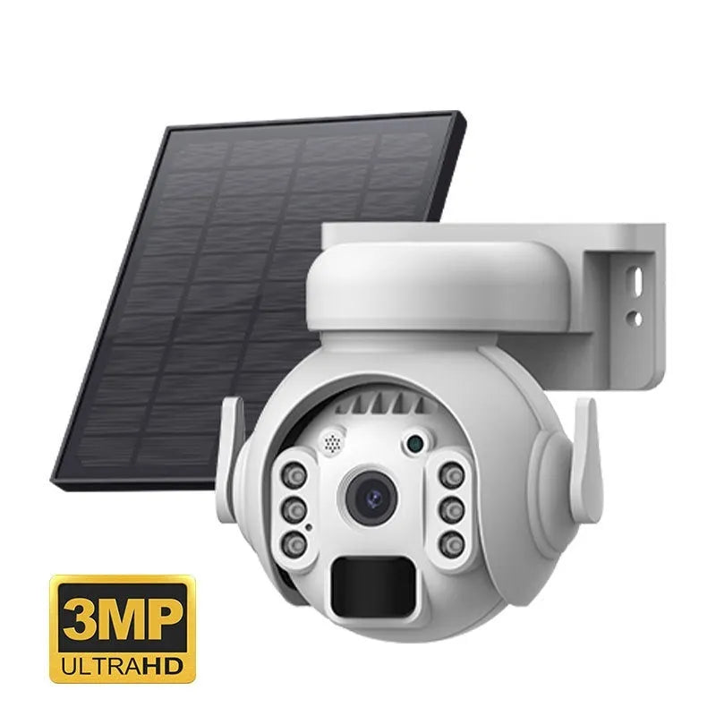 Solar-powered security camera with solar panel and 3MP HD full colour night vision capability