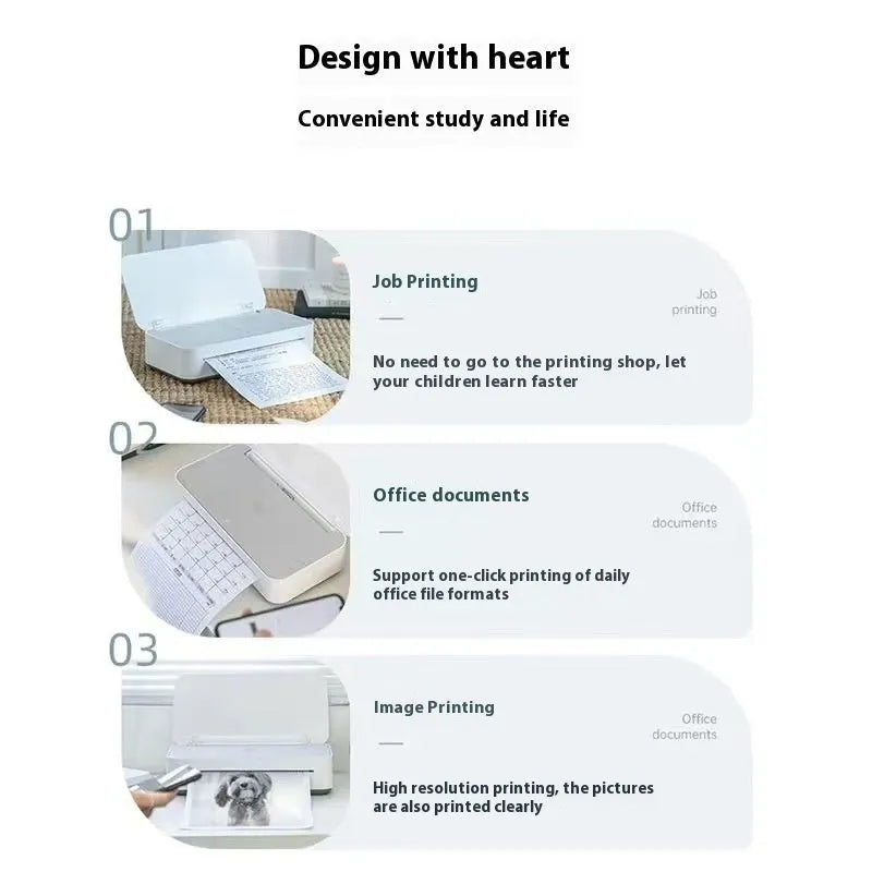 Small white plastic intelligent remote learning printer with a ribbon cartridge on a desk.